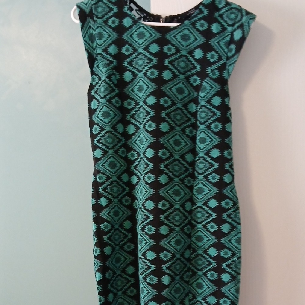 Iris Black and Teal Geometric Midi Dress